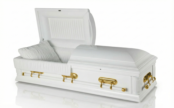 White casket with gold handles on a white background