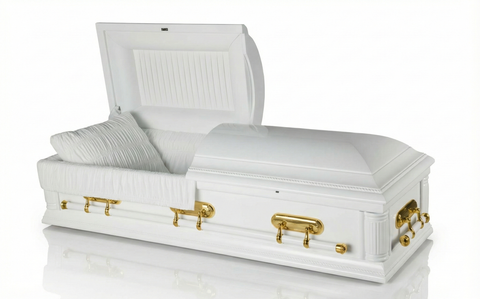 White casket with gold handles on a white background