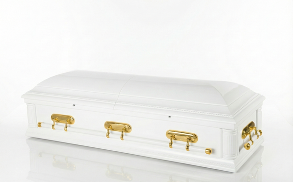 White coffin with gold handles on a white background