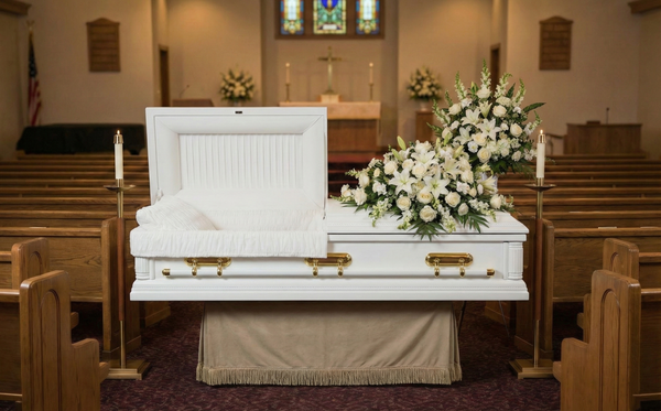 White casket with floral arrangements in a church setting