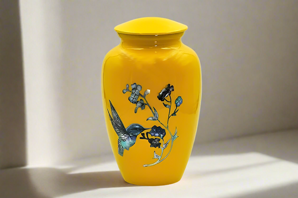 Yellow hummingbird metal urn 