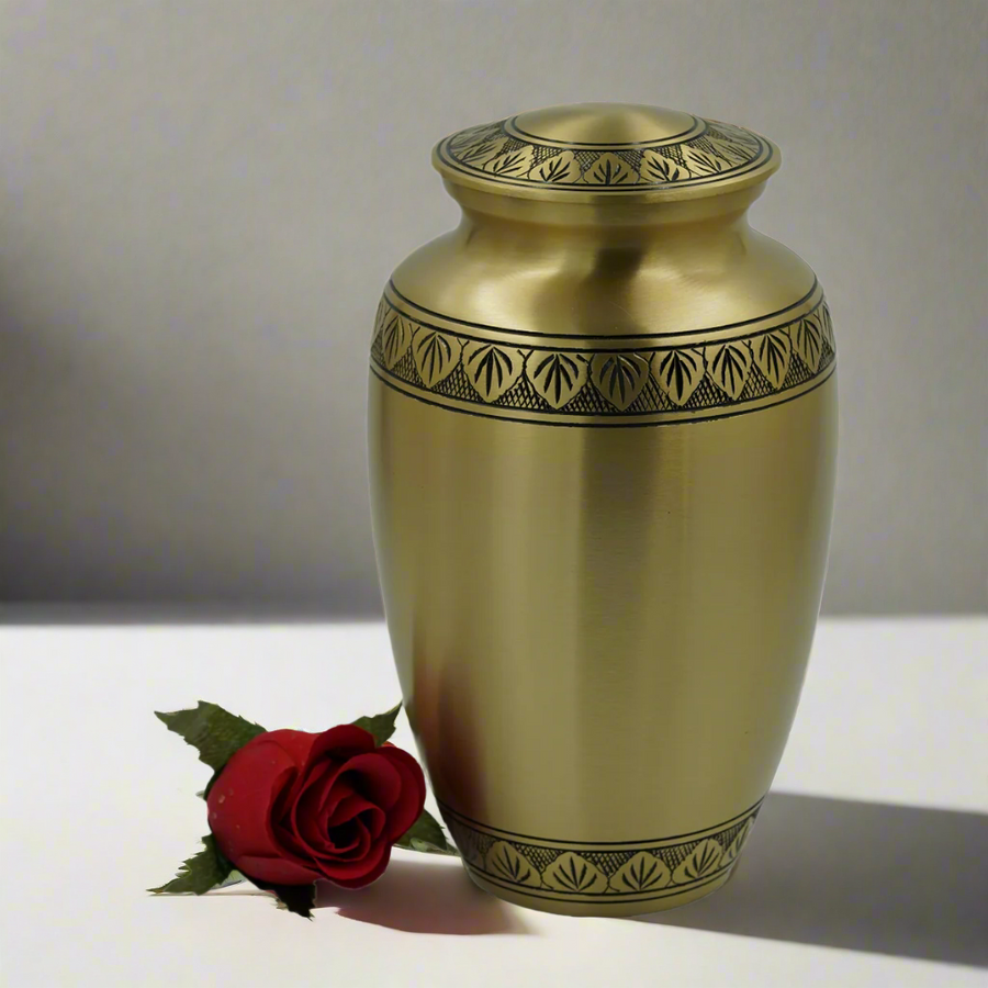 Brass Metal Urn For Ashes | Gold With Black Leaf Detail - Casket Depot Vancouver