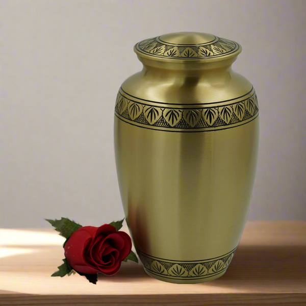 Brass Metal Urn For Ashes | Gold With Black Leaf Detail