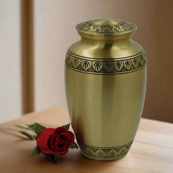 Brass Metal Urn For Ashes | Gold With Black Leaf Detail