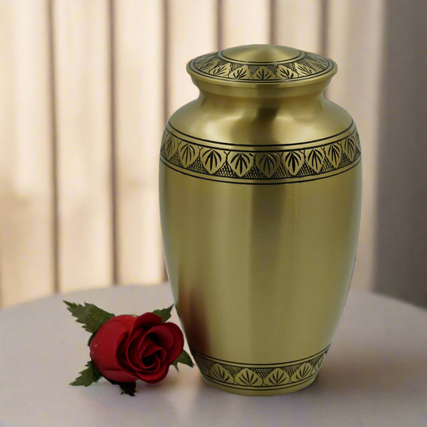 Brass Metal Urn For Ashes | Gold With Black Leaf Detail