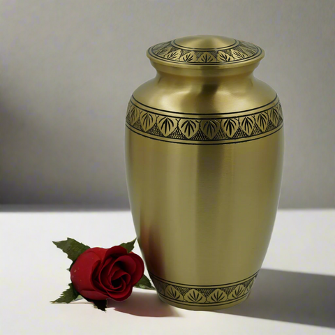 Brass Metal Urn For Ashes | Gold With Black Leaf Detail