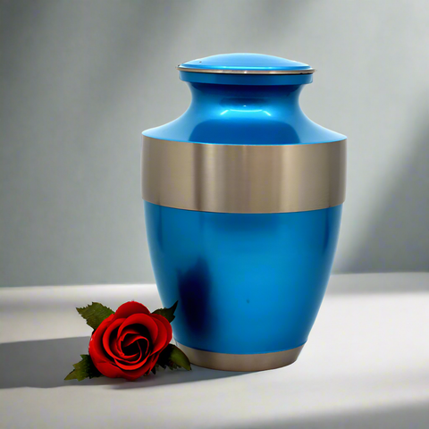 Brass Metal Urn For Ashes | Blue With Silver Trim