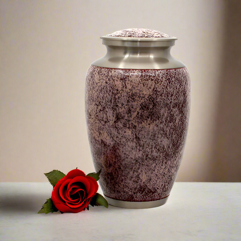 Brass metal urn with rosé finish. Placed on a granite surface 