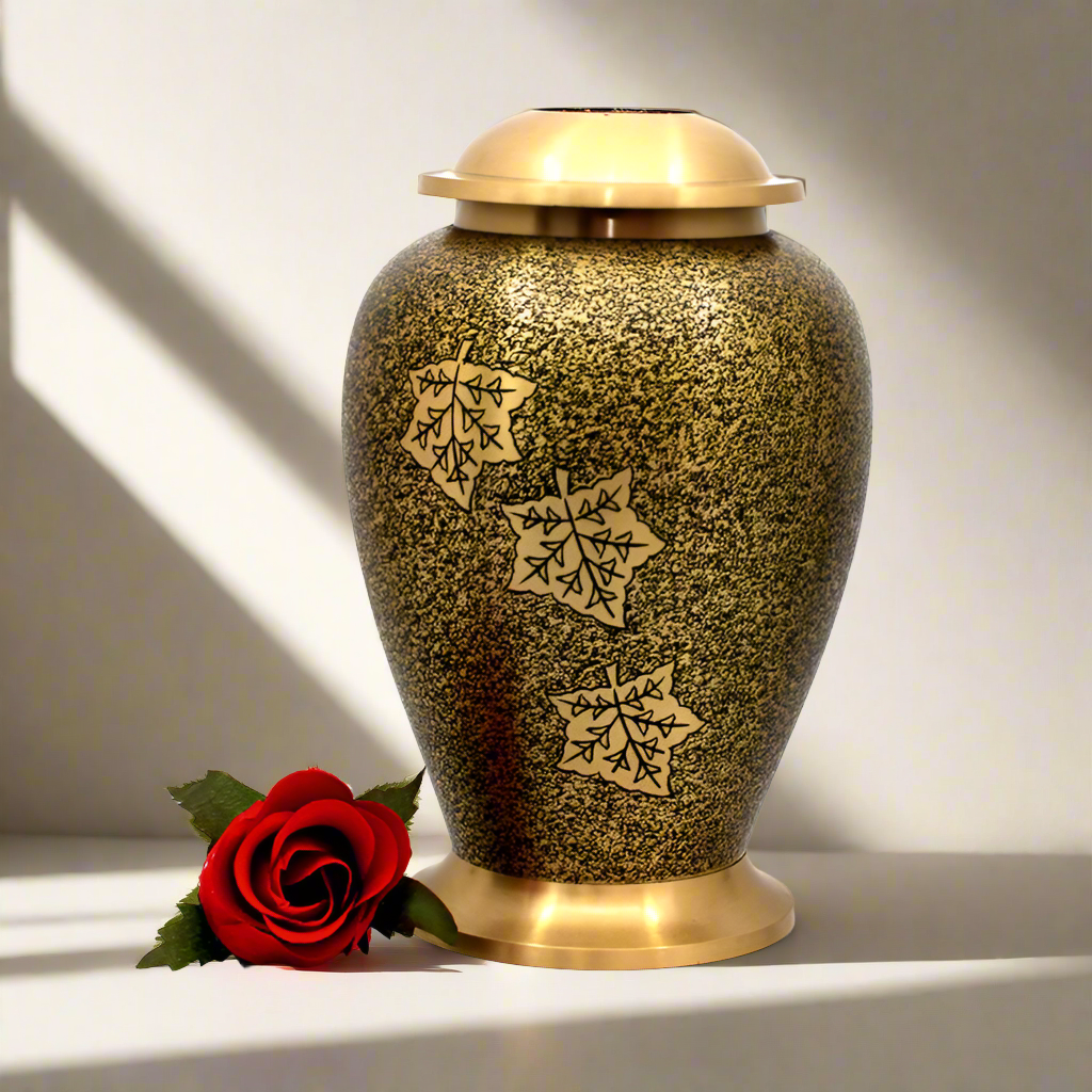 Gold And Black Metal Urn With Gold Leaf Etch