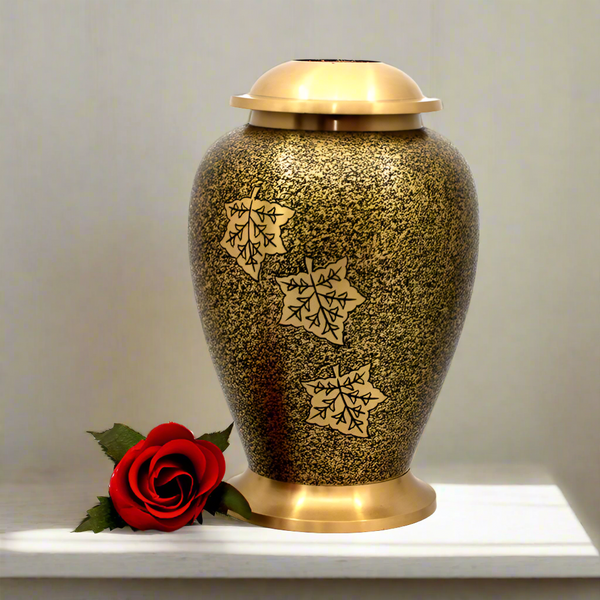 Brass Metal Urn For Ashes | Gold And Black Leaf Etch