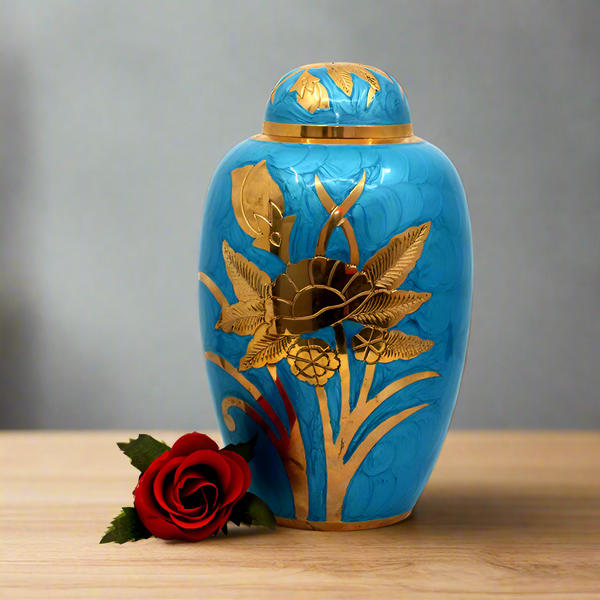 PAINTED BLUE & GOLD FLOWERS Metal Urn on a wooden shelf