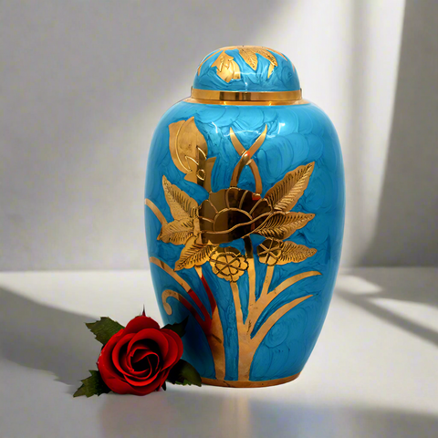 Brass Metal Urn For Ashes | Painted Blue And Gold Flowers