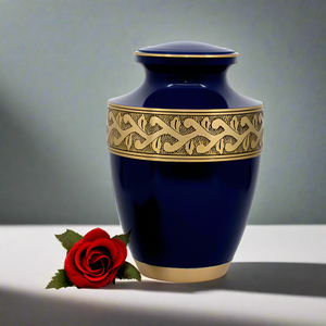 Brass Metal Urn For Ashes | Blue With Gold Detail