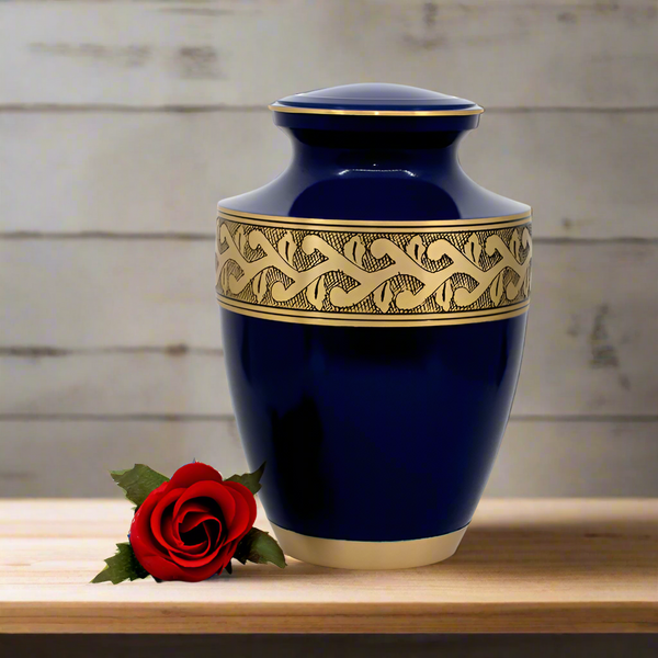 Brass Metal Urn For Ashes | Blue With Gold Detail