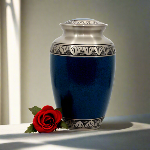 Brass Metal Urn For Ashes | Blue With Silver Leaf - Casket Depot Vancouver
