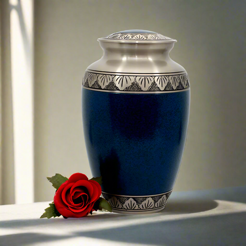 Brass Metal Urn For Ashes | Blue With Silver Leaf