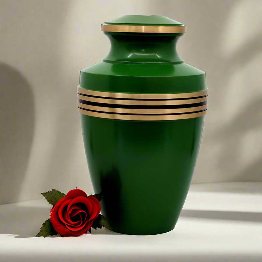 Brass Metal Urn For Ashes | Green With Gold Trim - Casket Depot Vancouver