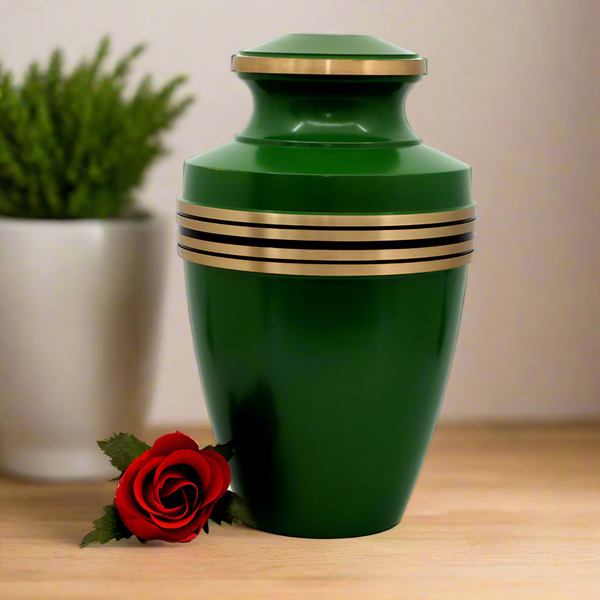 Brass Metal Urn For Ashes | Green With Gold Trim