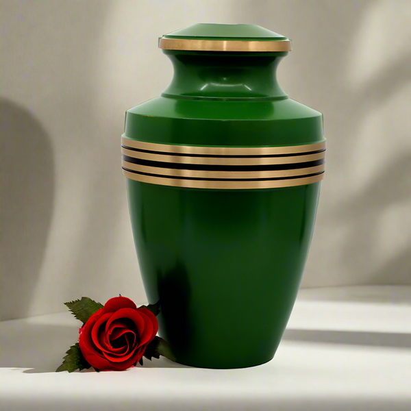 Brass Metal Urn For Ashes | Green With Gold Trim