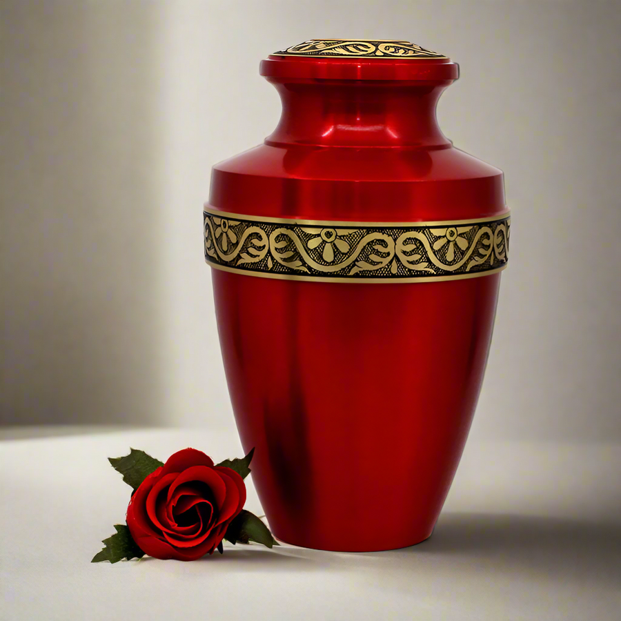 Brass Metal Urn For Ashes | Red With Gold Trim - Casket Depot Vancouver