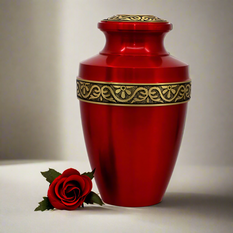 Brass Metal Urn For Ashes | Red With Gold Trim