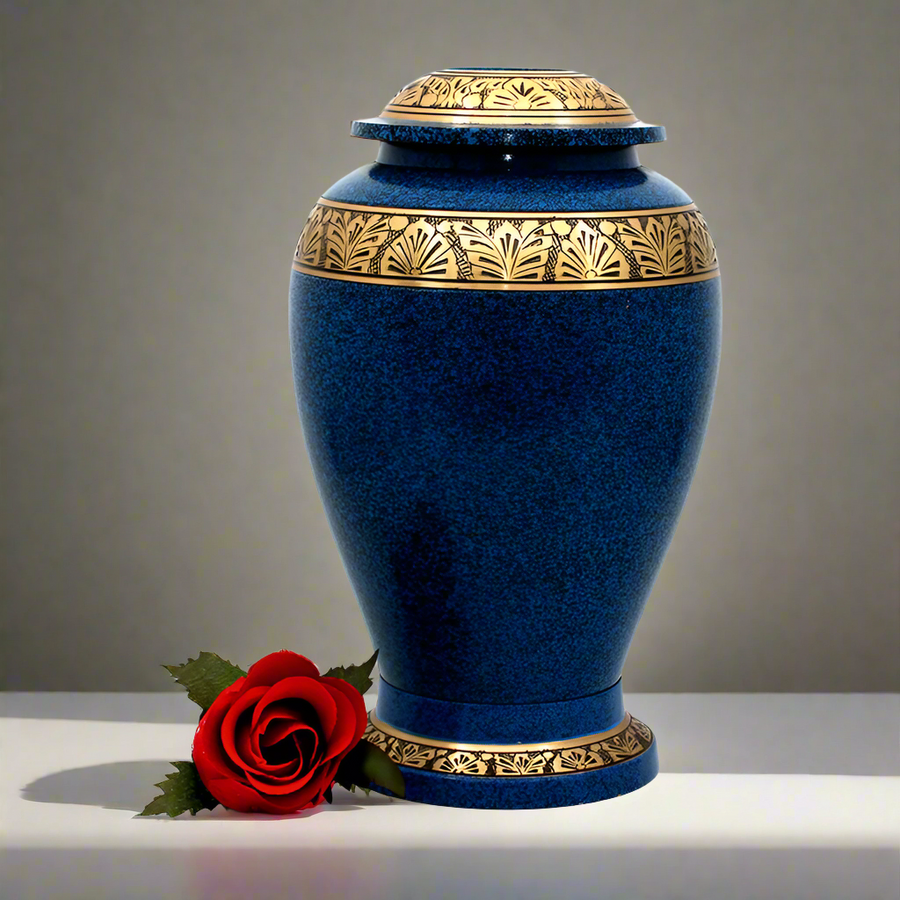 Brass Metal Urn For Ashes | Blue With Gold Leaf Trim - Casket Depot Vancouver