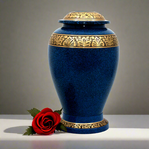 Brass Metal Urn For Ashes | Blue With Gold Leaf Trim