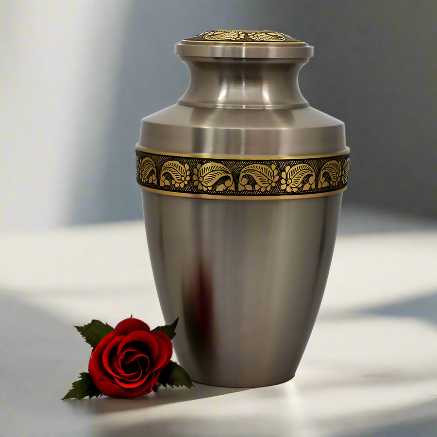 Brass Metal Urn For Ashes | Silver With Nature Trim - Casket Depot Vancouver