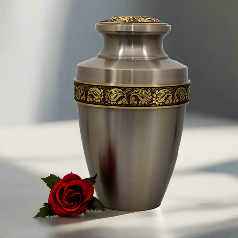 Brass Metal Urn For Ashes | Silver With Nature Trim