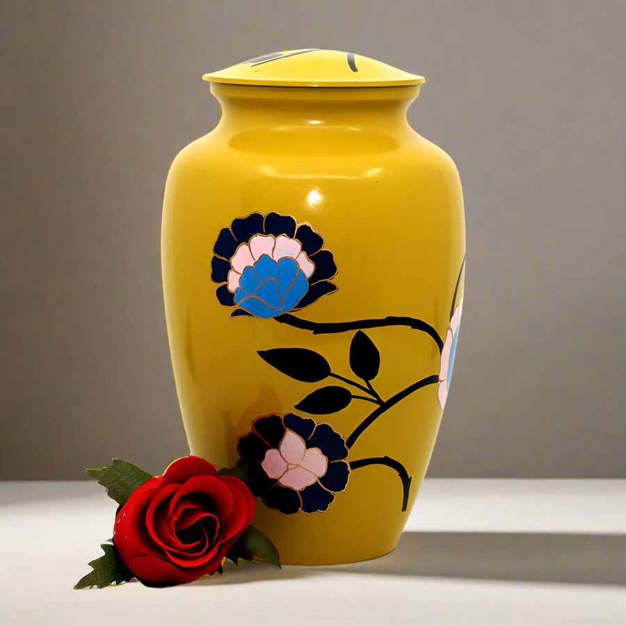 Brass Metal Urn For Ashes | Yellow With Blossom - Casket Depot Vancouver