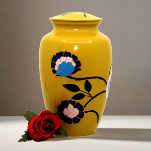 Brass Metal Urn For Ashes | Yellow With Blossom