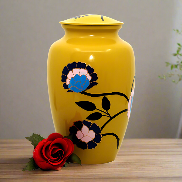 Brass Metal Urn For Ashes | Yellow With Blossom