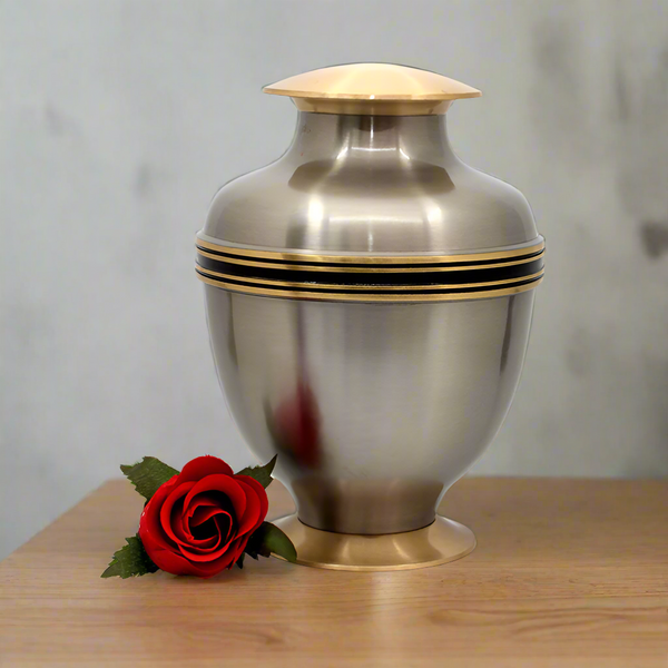 Brass Metal Urn For Ashes | Pewter Gold & Black Trim