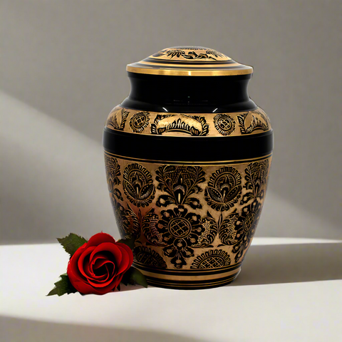 Brass Metal Urn For Ashes | Gold Floral Detail - Casket Depot Vancouver