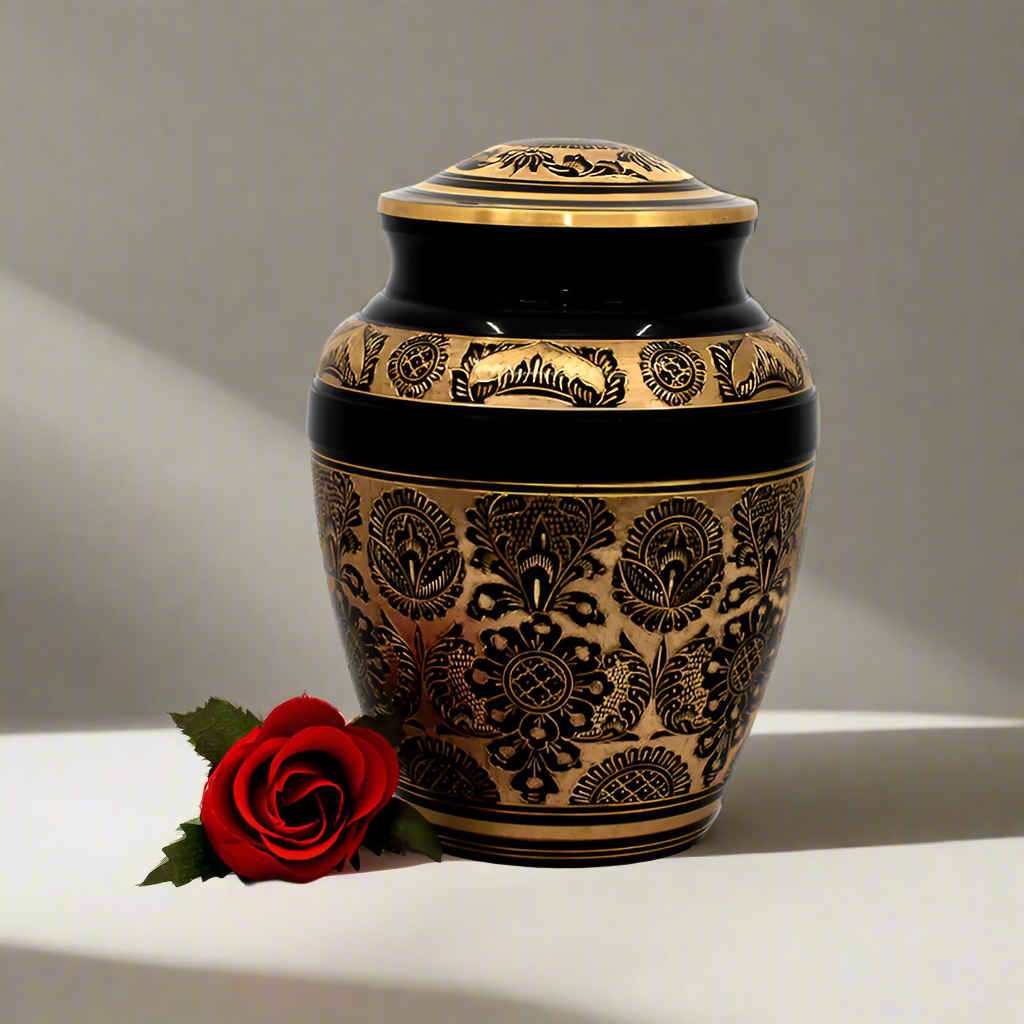 Brass Metal Urn For Ashes | Gold Floral Detail