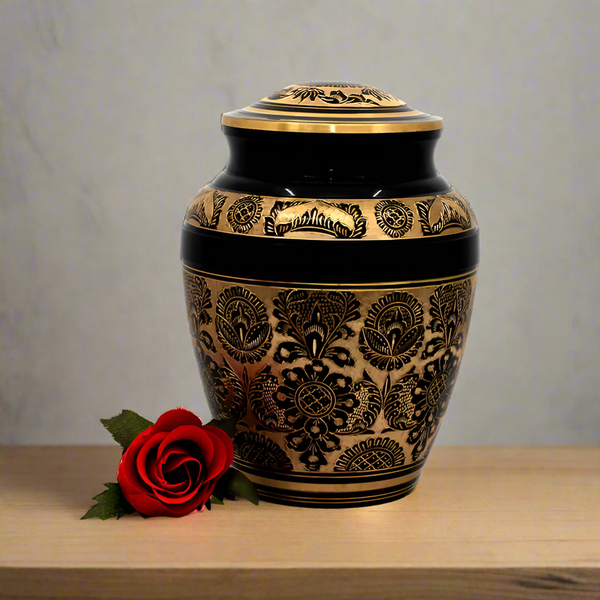 Brass Metal Urn For Ashes | Gold Floral Detail