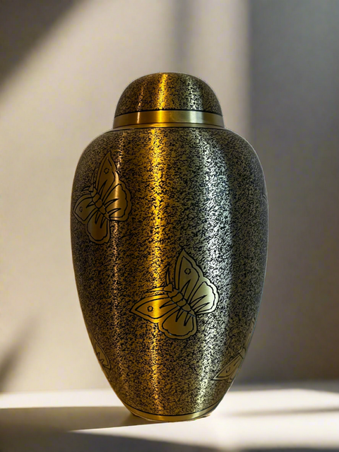 Brass Metal Urn For Ashes | Black and Gold Butterfly Design - Casket Depot Vancouver