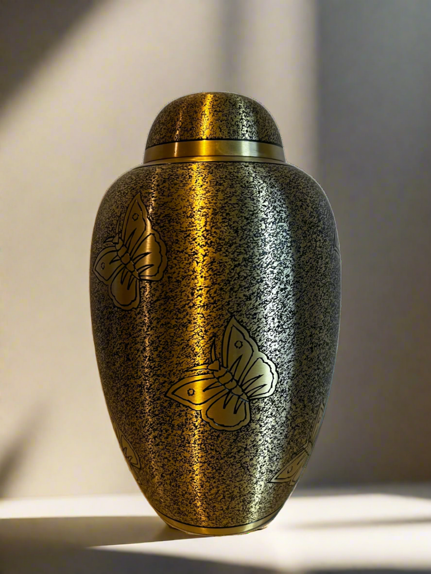 Brass Metal Urn For Ashes | Black and Gold Butterfly Design - Casket Depot Vancouver