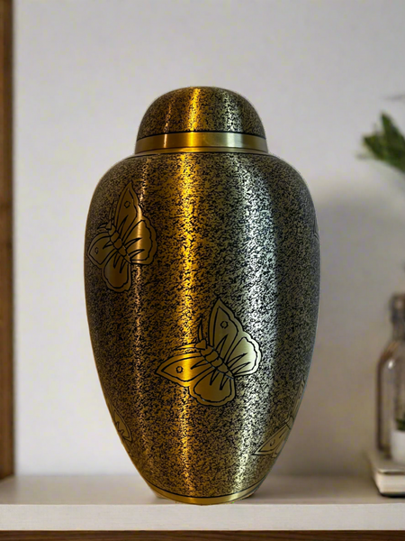 Brass Metal Urn For Ashes | Black and Gold Butterfly Design