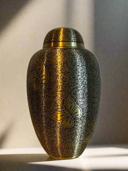 Brass Metal Urn For Ashes | Black and Gold Butterfly Design