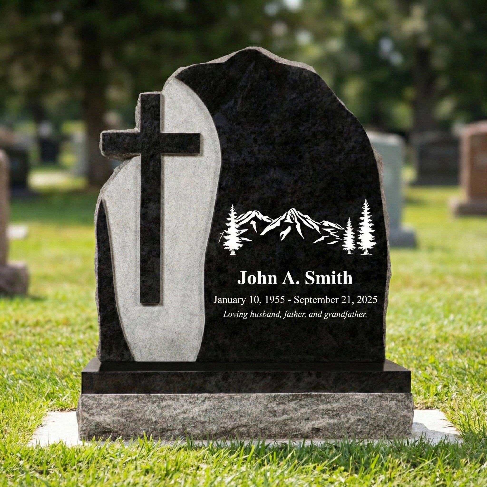 Gravestone with cross design and engraved text in a cemetery