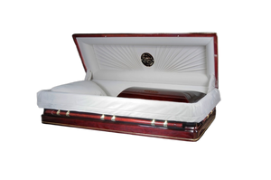 Full couch red cherry casket with intricate carvings on the lid. Gold hardware and gold trim. White velvet interior.