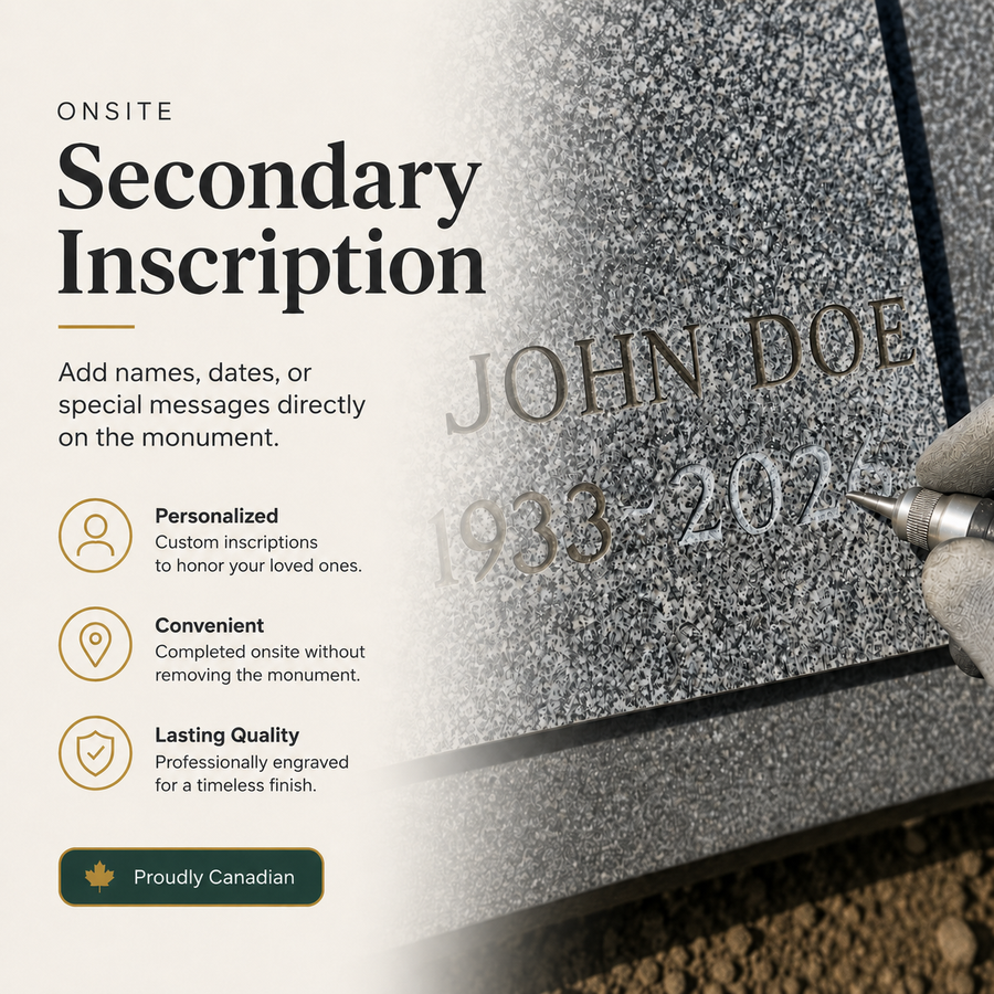 Onsite secondary inscription engraving on an existing granite headstone in Vancouver BC