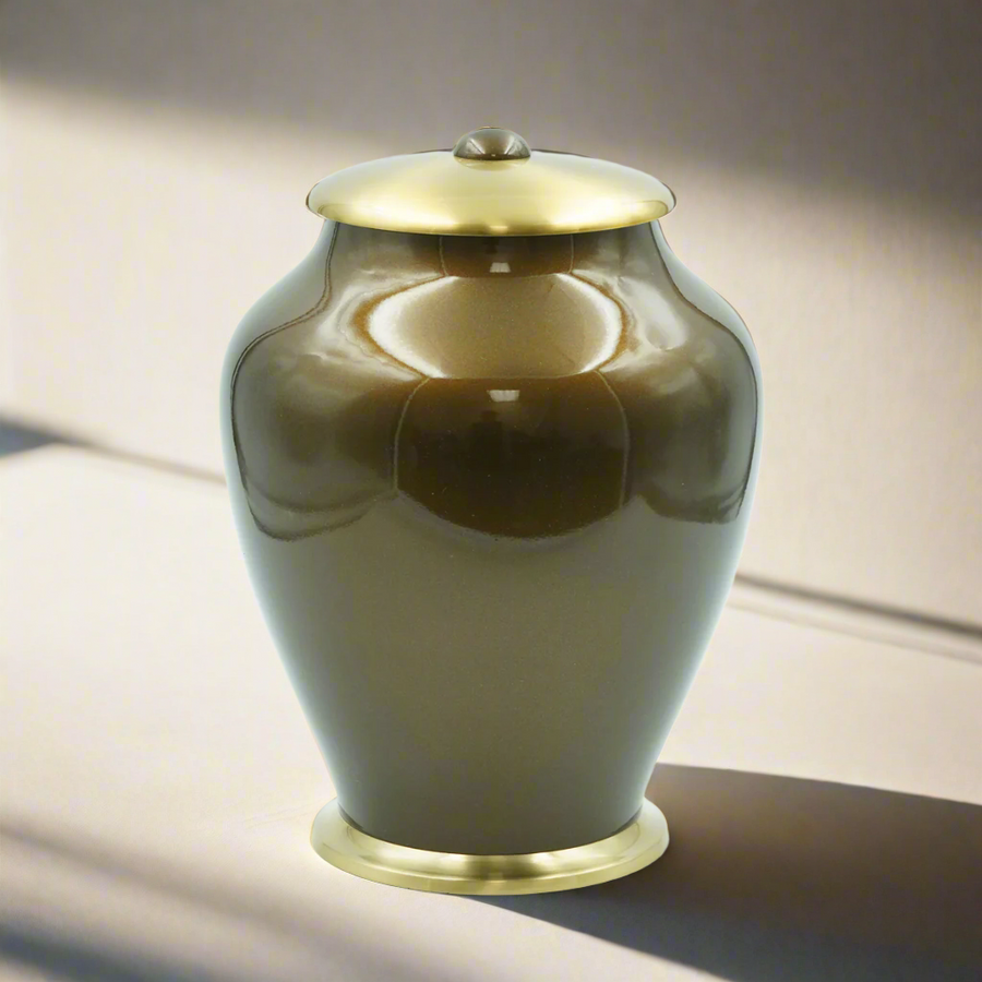 Brass Metal Urn For Ashes | Gloss Brown And Gold - Casket Depot Vancouver
