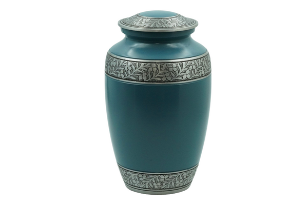 ADULT SIZE ALUMINUM URN LIGHT BLUE WITH PEWTER DETAILS 03-04ST - Casket Depot Vancouver