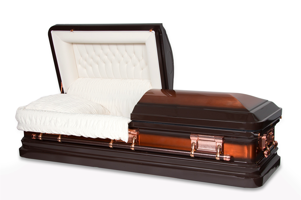 18 Gauge Steel Evergreen metal casket. Two tones brushed metal finish on top and side. White velvet interior - Casket Depot Vancouver