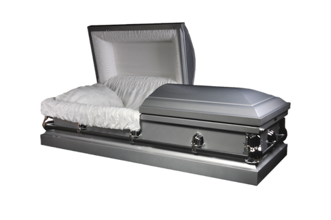 Silver steel casket with silver hardware, fixed handle bars and white velvet interior.