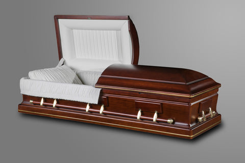 Shelby wood casket with matte finish, gold trim and gold hardware. Square corners and white velvet interior. - Casket Depot Vancouver