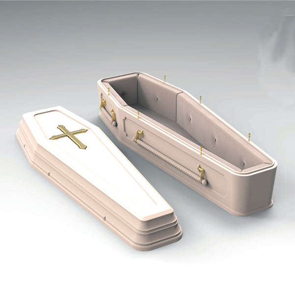 A cream colour European style coffin with lid and body from Casket Depot Vancouver