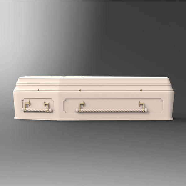 Side view of a cream colour European style coffin from Casket Depot Vancouver